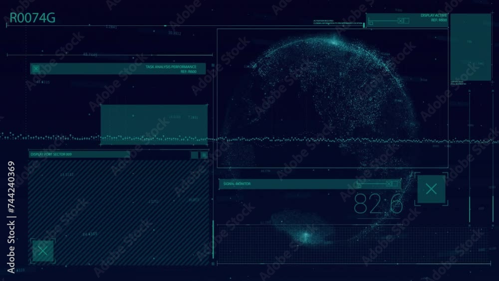 Animation of digital data processing over globe on dark background