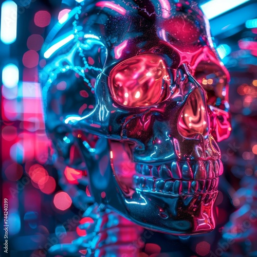Neon skull, death, horror and fear, human head, dead, clipart, colorful bright glow