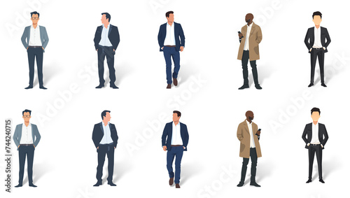 Set of minimal flat drawing illustrations of different men in casual clothes, transparent background with shadow, facing both ways. Generative AI 