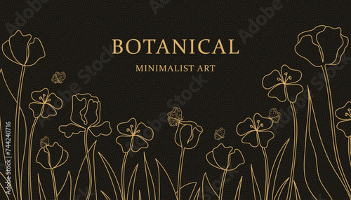 Golden botanical minimalist art on the texture black background. Horizontal composition. Design for banner, cover, invitation card, flyer. Beautiful vector illustration.