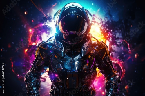 Futuristic armored space warrior stands amidst a swirling galaxy of stars, illustrating a sci-fi universe themed with vivid interstellar combat.