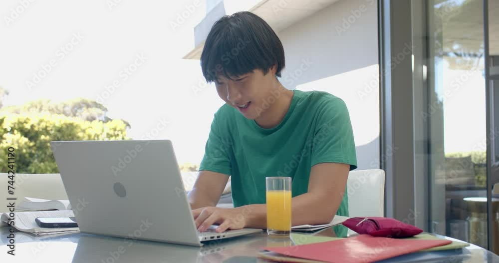 Teenage Asian boy studying on laptop at home