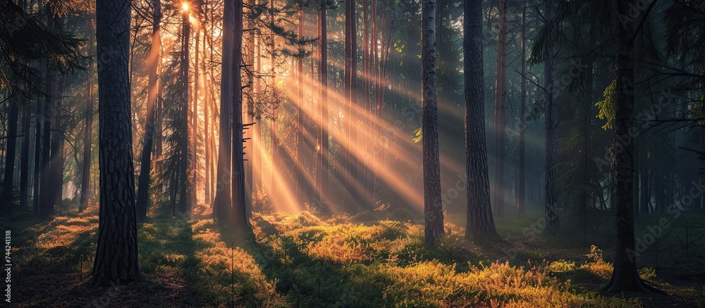This captivating photo taken during the daytime showcases a natural spotlight effect as sunlight shines on a group of tall trees in the local forest. - obrazy, fototapety, plakaty 