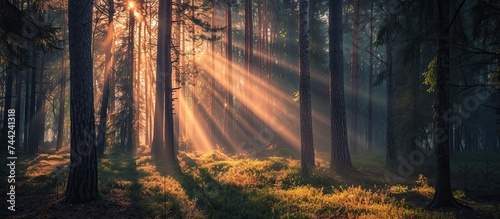 This captivating photo taken during the daytime showcases a natural spotlight effect as sunlight shines on a group of tall trees in the local forest.