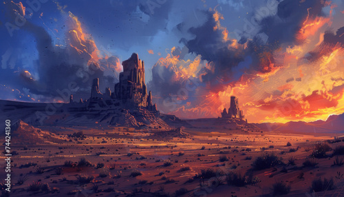 Vibrant sunset sky with clouds above desert ruins.