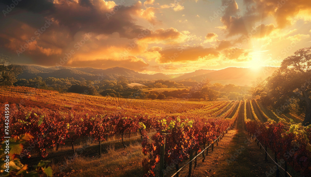 Golden sunset casting light over rows of grapevines.