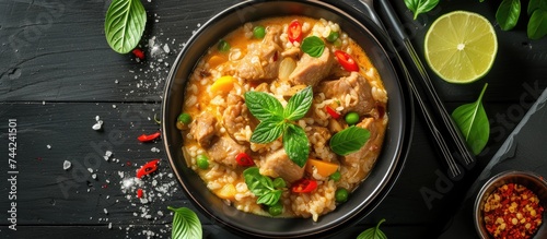 A bowl of Thai style pork and curry rice porridge topped with a variety of vegetables served on a black wooden table.