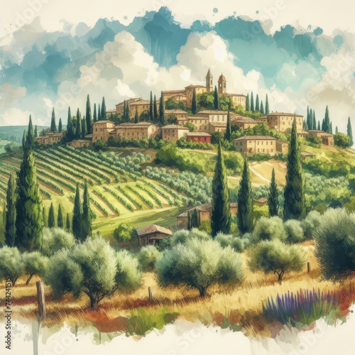 Italian landscape of an small town village on a hill.