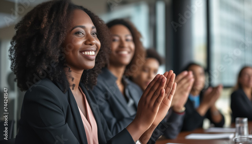 Group of diverse business women applauding  clapping hands at successful meeting or presentation. Generative AI