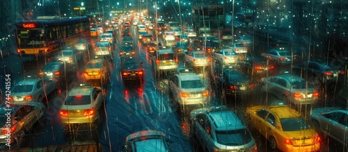 A bustling city street illuminated by vibrant lights and packed with numerous vehicles creating a chaotic traffic scene on a rainy night.