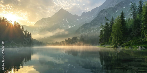 Misty morning with sunbeams over a tranquil mountain lake.