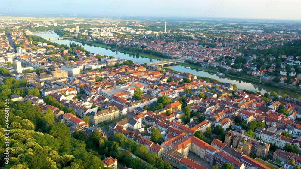 Heidelberg germany city fly over old town and river in front heidelberg bridge and castle aerial in 4K. Heidelberg germany city fly over old town and river in front heidelberg bridge and castle aerial in 4K.