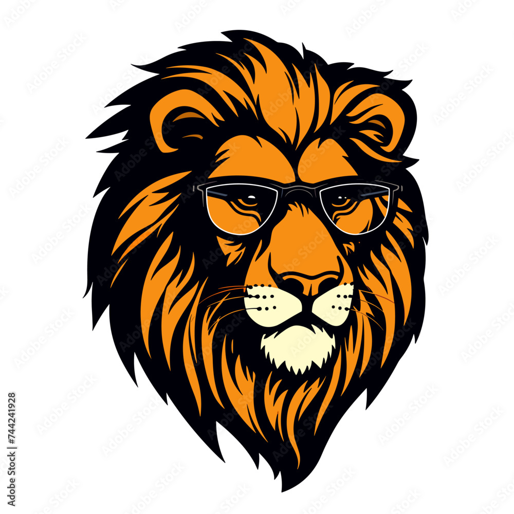 Lion head with sunglasses. Vector illustration isolated on white background.