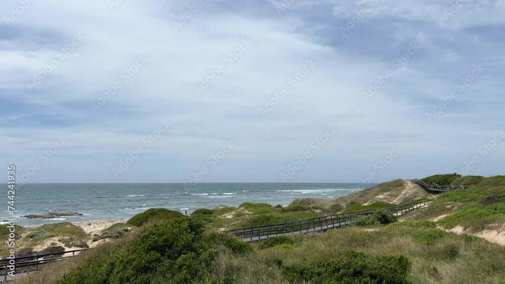 Beach boardwalk alongside the beach through bushy dune vegetation Beach boardwalk alongside the beach through bushy dune vegetation