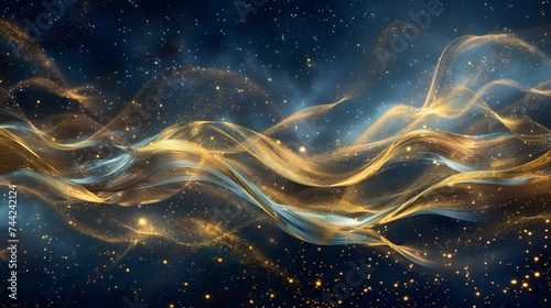 Digital art of shimmering golden waves flowing over a deep, starry, dark blue backdrop, evoking a sense of luxury and movement.