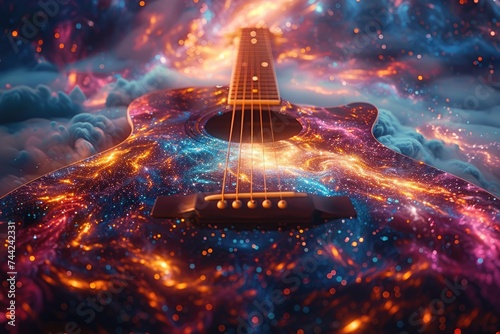 A guitar placed in the midst of a vast expanse filled with stars, creating a contrast between the earthly instrument and the celestial backdrop.