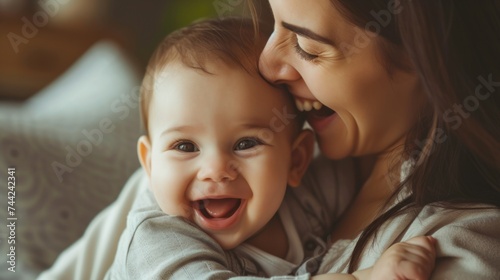 Mother laughing with 3 month old baby boy generative ai