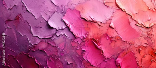A detailed view of an abstract painting with pink and purple colors, displaying decorative plaster patterns and stains, creating a fancy texture reminiscent of a purple surface background for building photo