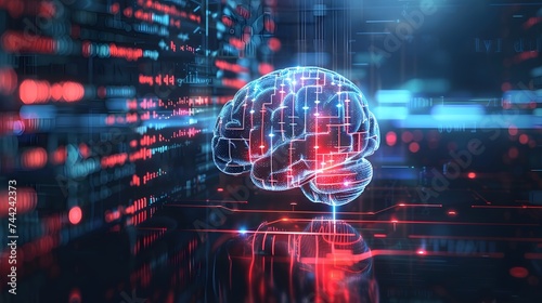 Artificial intelligence AI in Healthcare. AI role in neurology and mental health. Human brain illuminated by AI algorithms, with digital neural networks and code