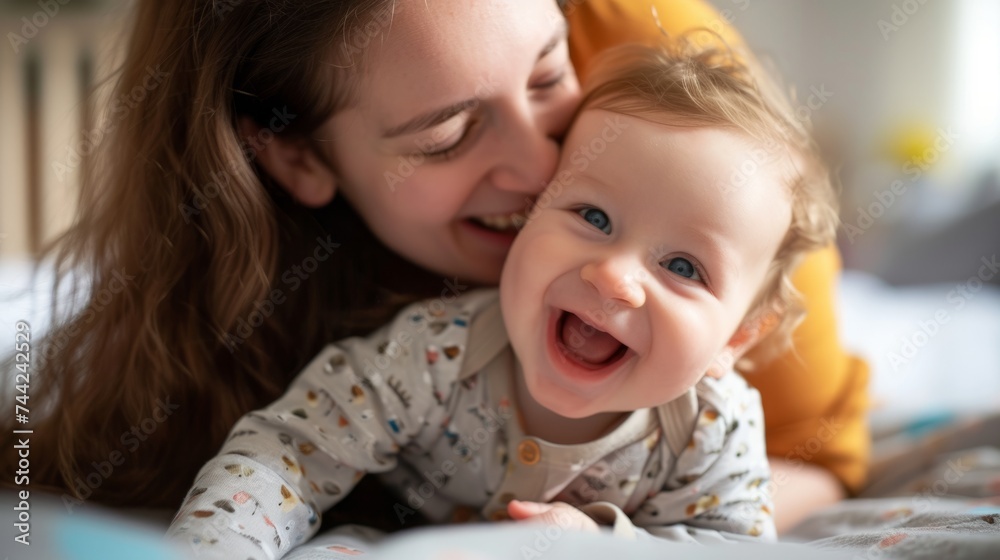 Mother laughing with 3 month old baby boy generative ai Mother laughing with 3 month old baby boy generative ai