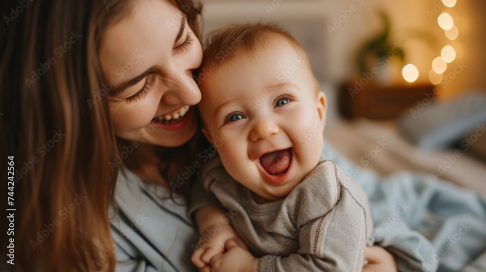 Mother laughing with 3 month old baby boy generative ai Mother laughing with 3 month old baby boy generative ai