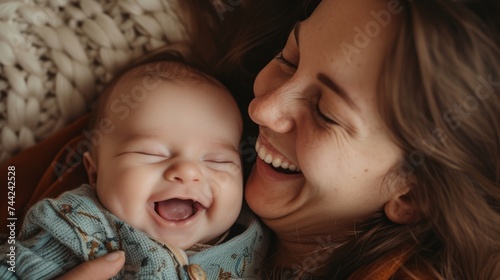 Mother laughing with 3 month old baby boy generative ai