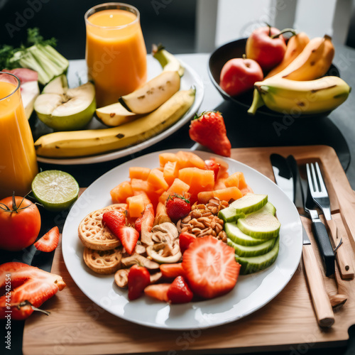 nutritious breakfast with fruits on the table and milk on the table