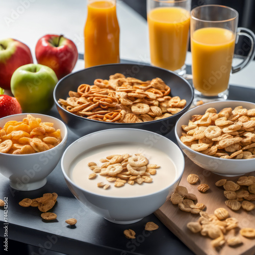 nutritious breakfast with fruits on the table and milk on the table
