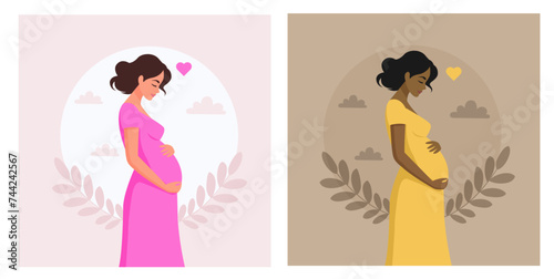 Two pregnancy day cards Black pregnant girl in a yellow dress, white pregnant woman in a pink dress in flat style and with plants