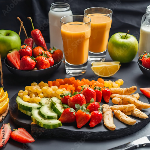 nutritious breakfast with fruits on the table and milk on the table