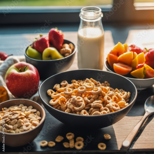 breakfast with cereal spread on the table and milk on the table