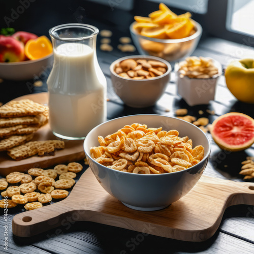breakfast with cereal spread on the table and milk on the table