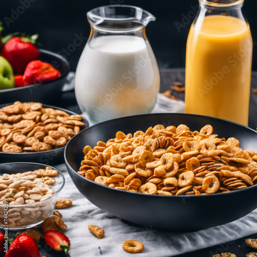 breakfast with cereal spread on the table and milk and juice on the table