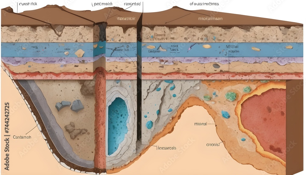 Obraz premium Cross-section of the Earth's crust with mineral deposits
