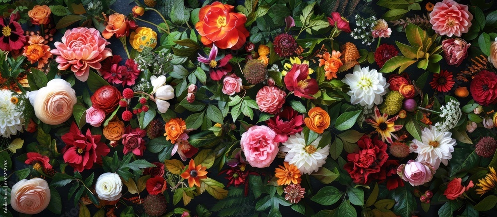 This photo showcases a beautiful arrangement of flowers displayed on a wall, creating a captivating sight for viewers.
