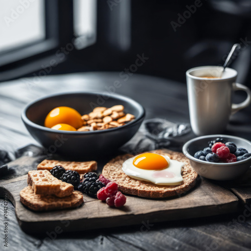rustic breakfast with healthy fruit eggs on the table