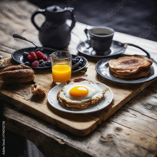 rustic breakfast with healthy fruit eggs on the table