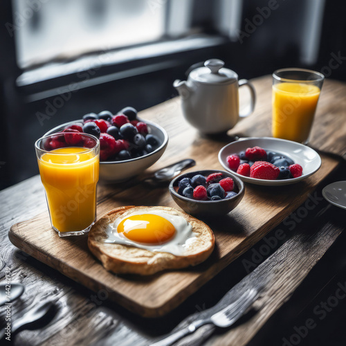 rustic breakfast with healthy fruit eggs on the table