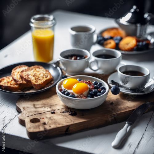 rustic breakfast with healthy fruit eggs on the table