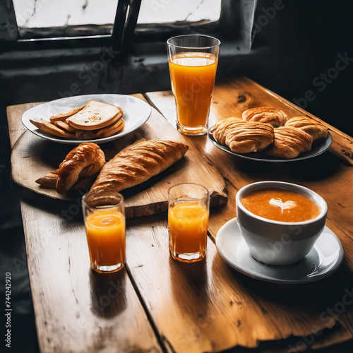 rustic breakfast inside a ship with a gloomy atmosphere