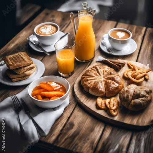 Within a ship cabin veiled in smoke and dim light  a comforting sight emerges. Warm croissants  steaming coffee  and fresh fruit await on a rustic wooden table. Soft  vintage light illuminates the sce