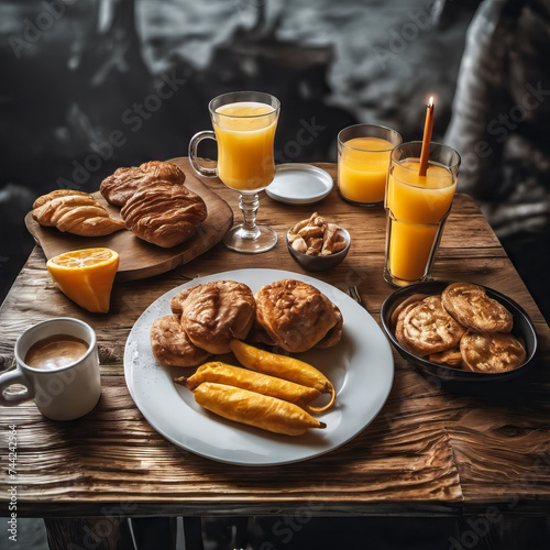 Shadows dance within the dimly lit, smoky atmosphere of a ship's cabin. A rustic wooden table reveals a simple yet satisfying breakfast: warm croissants, steaming coffee, and fresh fruit. Soft, vintag
