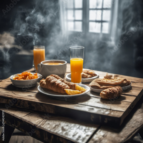 In the heart of a dimly lit, smoky ship's cabin, a cozy breakfast scene unfolds. A rustic wooden table displays warm croissants, steaming coffee, and fresh fruit, illuminated by a gentle glow of vinta