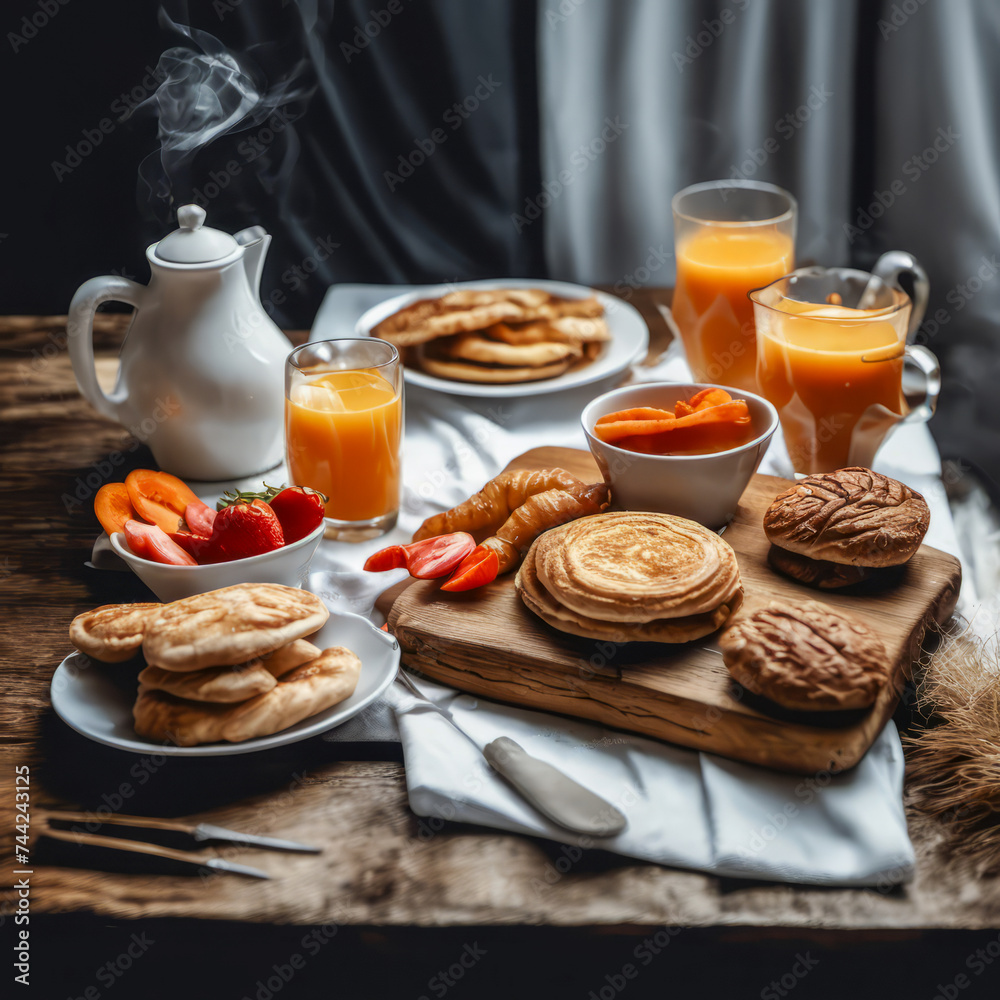 The smoky interior of a ship cabin, bathed in dim light, holds a rustic wooden table. Warm croissants, steaming coffee, and fresh fruit add a touch of comfort. Soft, vintage light streams through, hig The smoky interior of a ship cabin, bathed in dim light, holds a rustic wooden table. Warm croissants, steaming coffee, and fresh fruit add a touch of comfort. Soft, vintage light streams through, hig