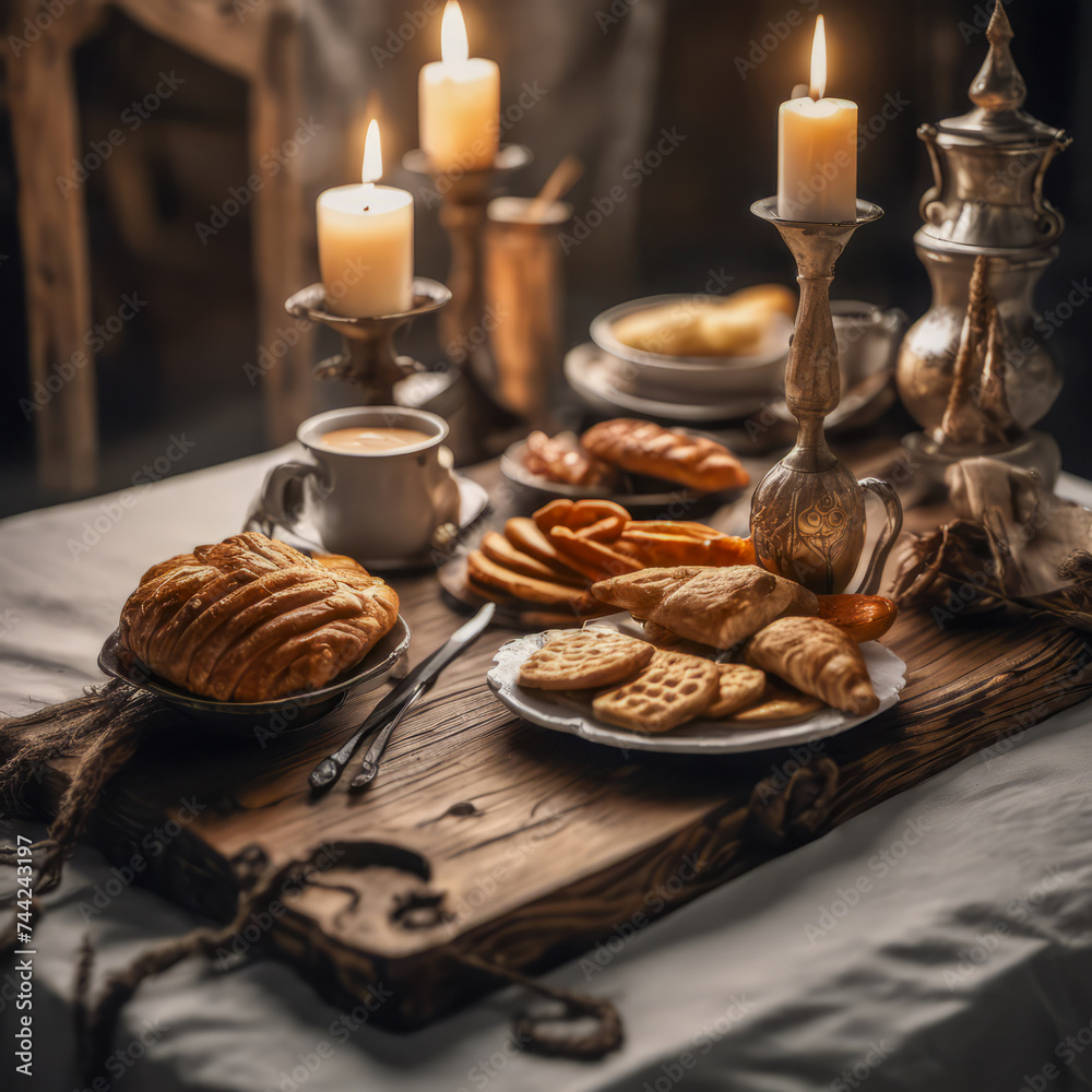 rustic breakfast inside a ship with a gloomy atmosphere rustic breakfast inside a ship with a gloomy atmosphere