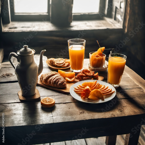 Whispers of smoke and dim lighting create an evocative scene within a ship's cabin. A worn, wooden table showcases a delightful breakfast: warm croissants, steaming coffee, and fresh fruit. Soft, vint