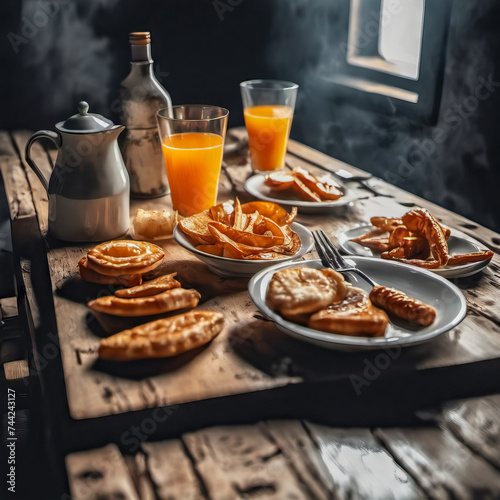 A sense of mystery fills a dimly lit, smoky ship cabin, where a breakfast of warm croissants, steaming coffee, and fresh fruit sits on a rustic wooden table. A sliver of soft, vintage light cuts throu