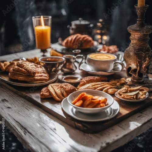 A hearty breakfast awaits within a dimly lit, smoky ship cabin. Warm croissants, steaming coffee, and fresh fruit rest on a rustic wooden table. Soft, vintage light breaks through the darkness.  Ideal