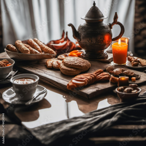 In the hazy, dimly lit atmosphere of a ship's cabin, a rustic wooden table displays a welcoming breakfast. Warm croissants, steaming coffee, and fresh fruit are bathed in the glow of soft, vintage lig