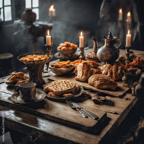 A sliver of soft, vintage light reveals a rustic wooden table within a smoky, dimly lit ship cabin. Warm croissants, steaming coffee, and fresh fruit offer a comforting breakfast. Themes of travel, ad